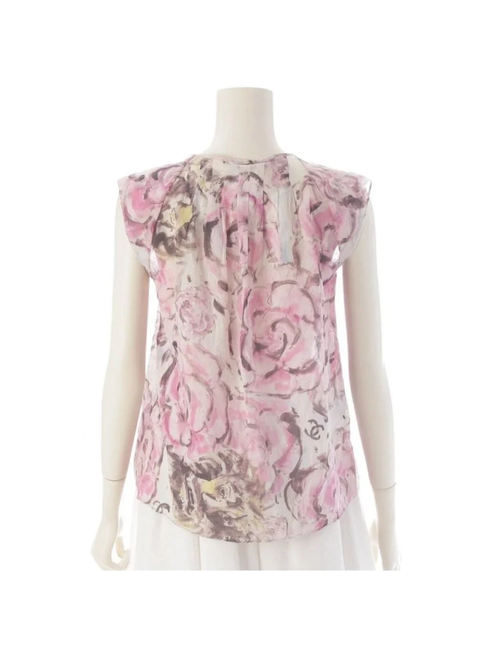 Chanel 09P Camellia Cotton Bow Tie Sleeveless Blouse Top Pink White Yellow 38
